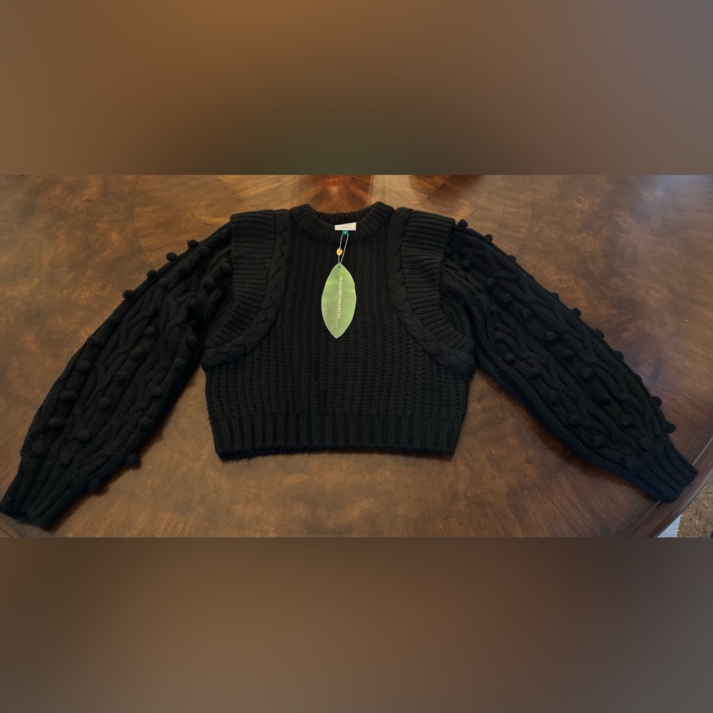 NEW! With Tags! Farm Rio Black Braided Sweater with pom-pom embellishments,Small - Picture 3 of 6
